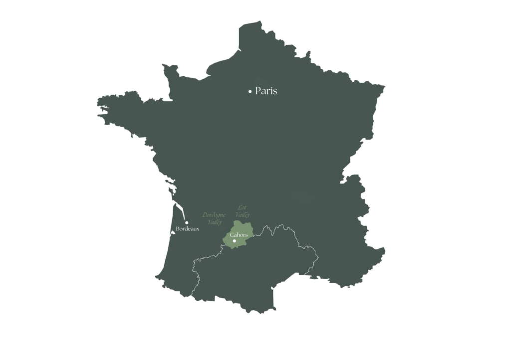 Map of France showing the Lot Valley as a natural extension east of Bordeaux and south of the Dordogne in southwest France
