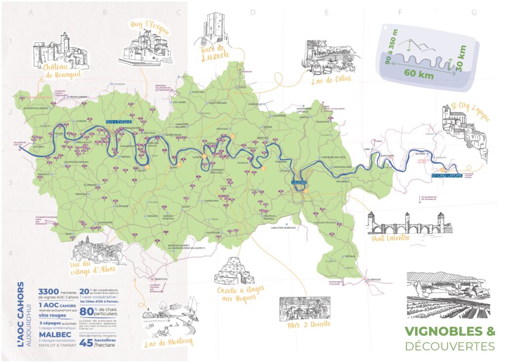 Map of the Cahors wine appellation in the Lot Valley, showing vineyard distribution along the Lot River